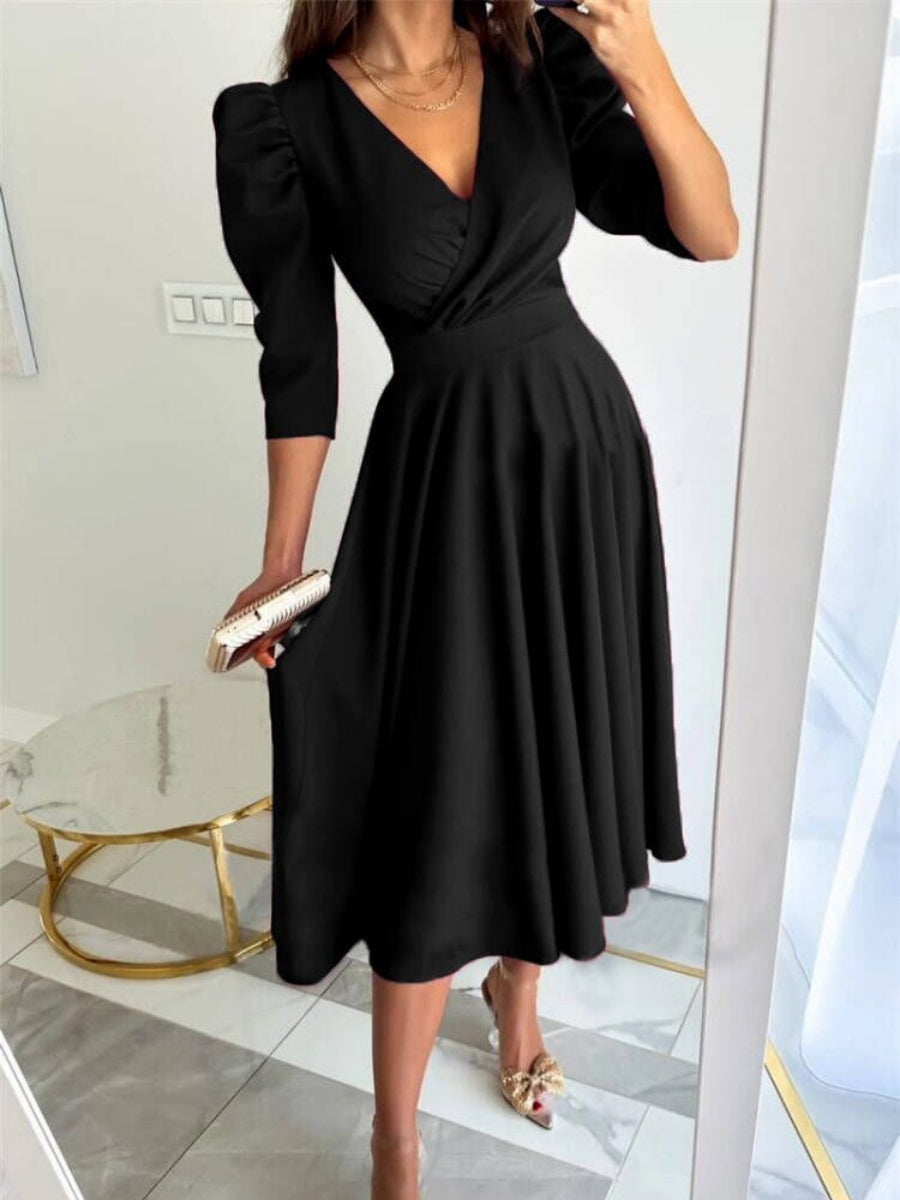 V-neck, Fitted Waist Pleated Big Swing Daily Casual Midi Dress