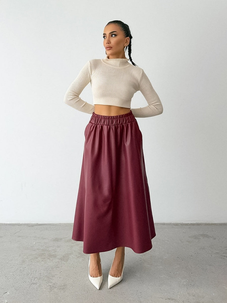 A-line skirt with full pockets Pu leather skirt