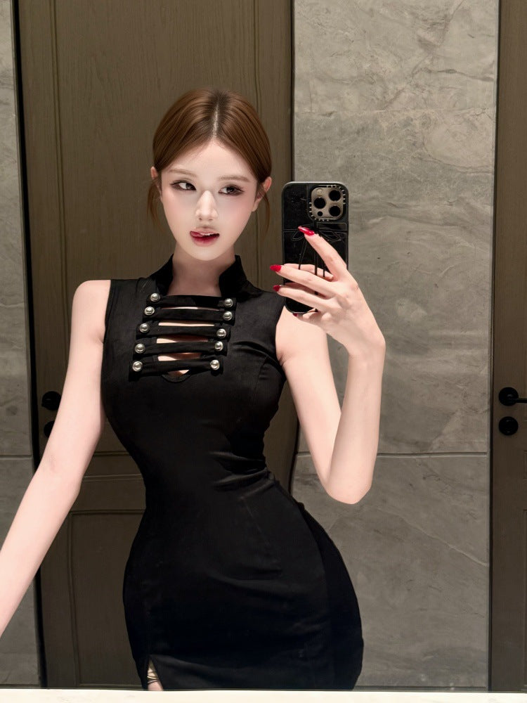 Stand-up Collar, Hollow-out, Slim-fit, Waist-cinching, Slit, Bodycon Short Dress