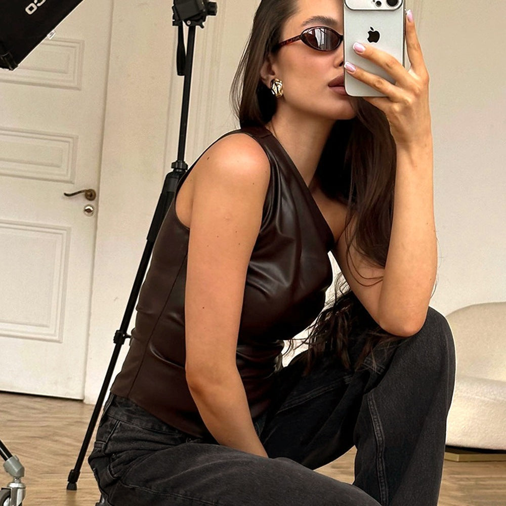 New Solid Color Slim Fit Asymmetrical Neck Zipper Top