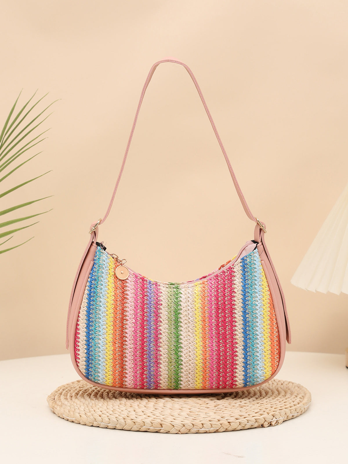 Colorful Straw Shoulder Bag For Vacation