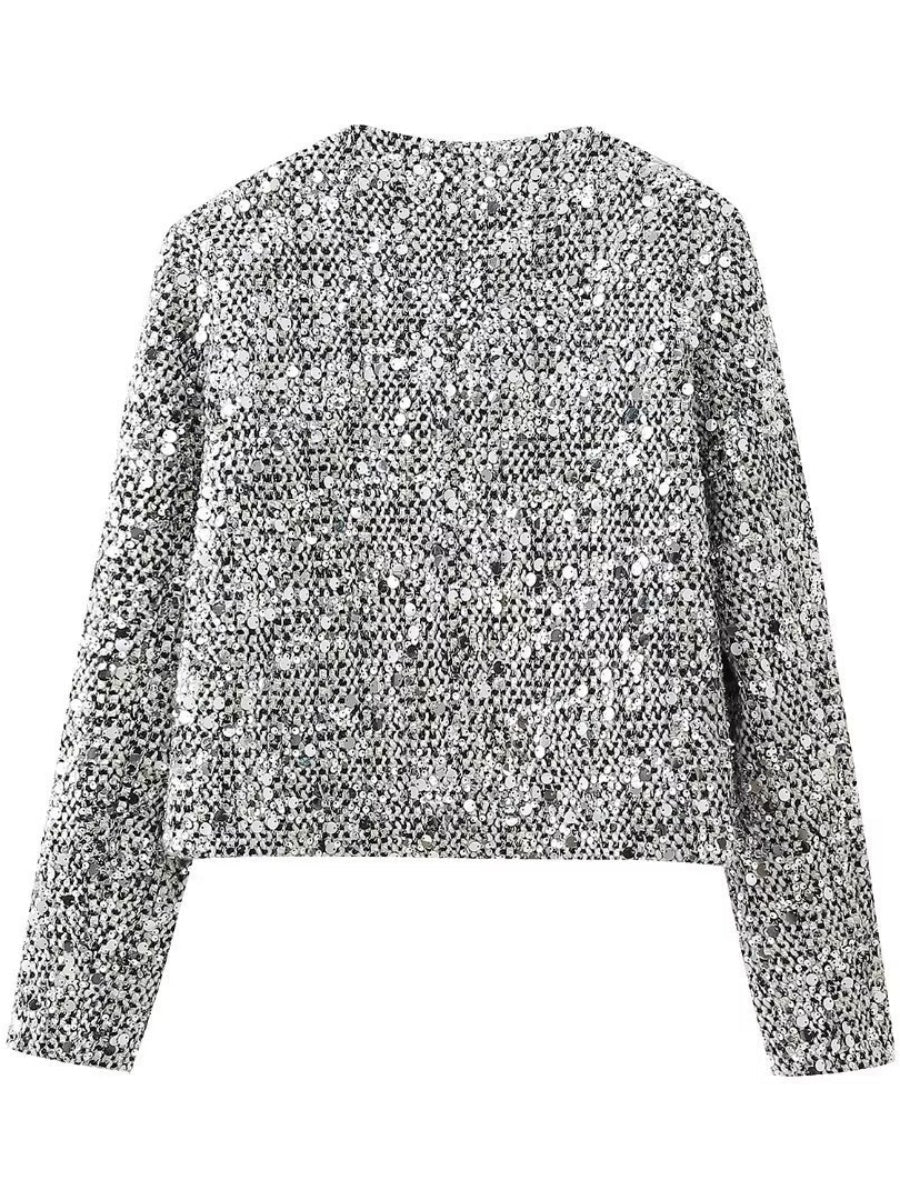 Tweed sequins Buttons Crew Neck Silver jacket