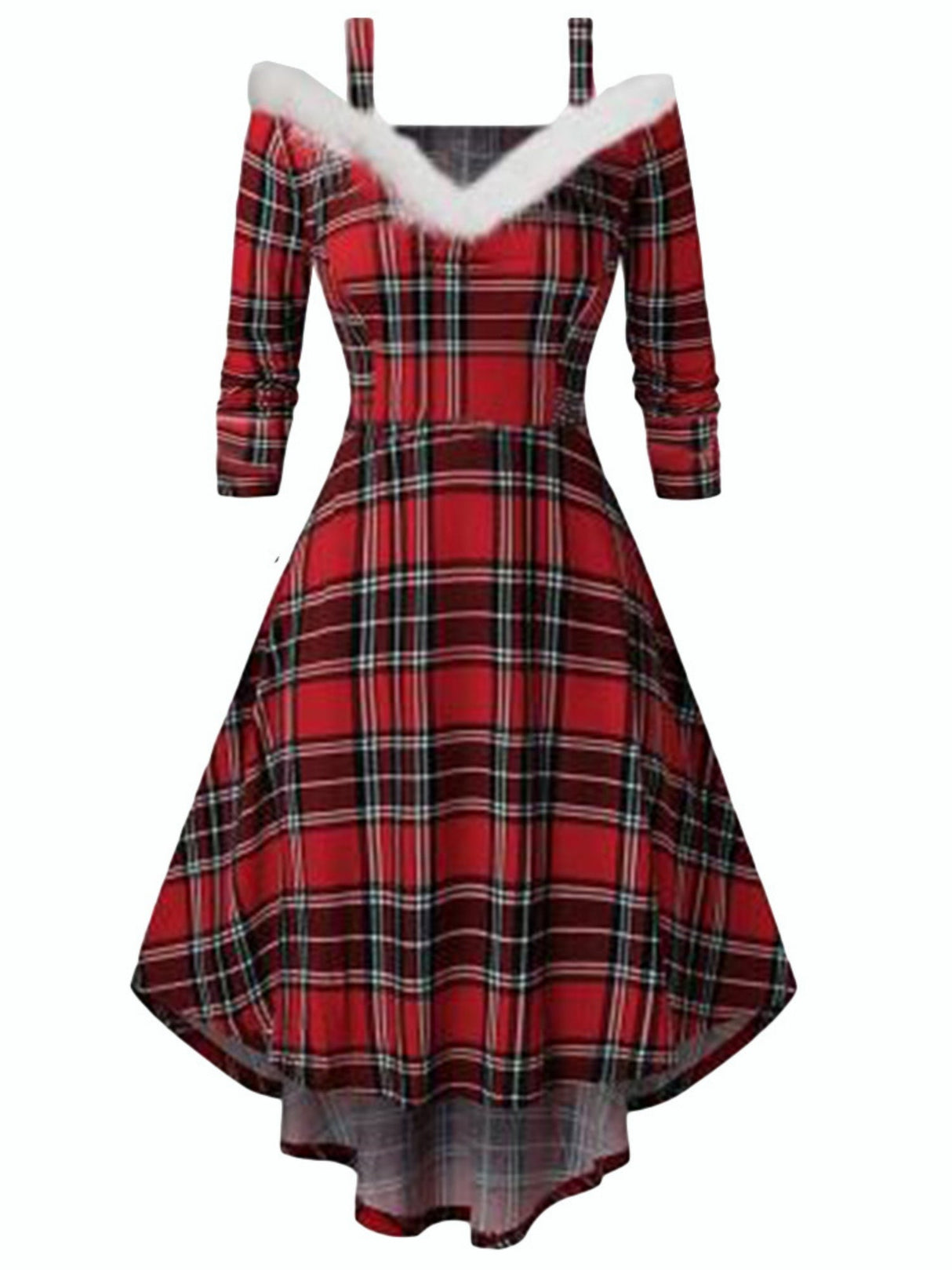 Christmas Plush Splicing High And Low Deep V Off-shoulder Large Skirt Three-quarter Sleeves Midi Dresses