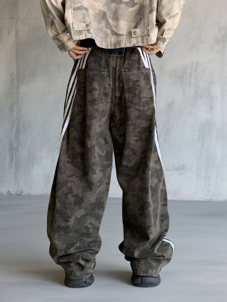 Patchwork Vertical Stripes Camouflage Washed Machete Jeans