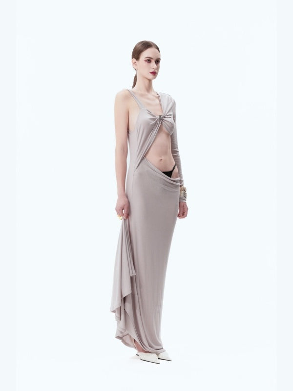 Midriff-baring, Padded-shoulder, One-sleeve, Floor-length Dress