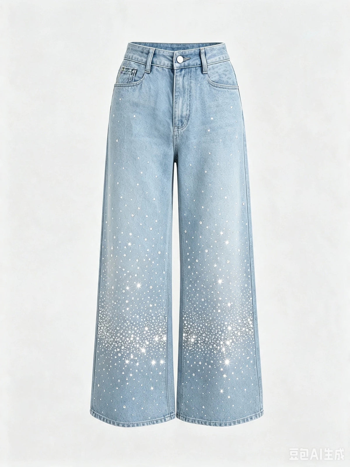 Women's Light-colored Washed Denim Wide-leg Jeans With Shimmering Details For Autumn And Winter