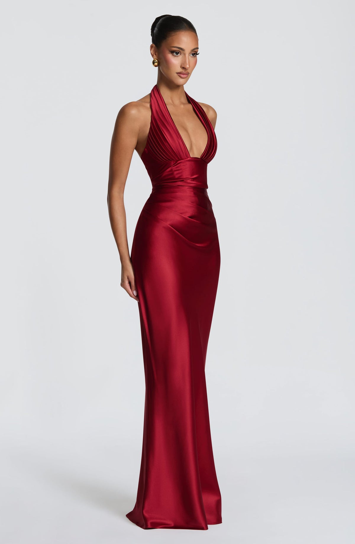 Halter Neck Deep V Long Dress With Pleats And Laces, Sexy Off-shoulder Design Maxi Dresses