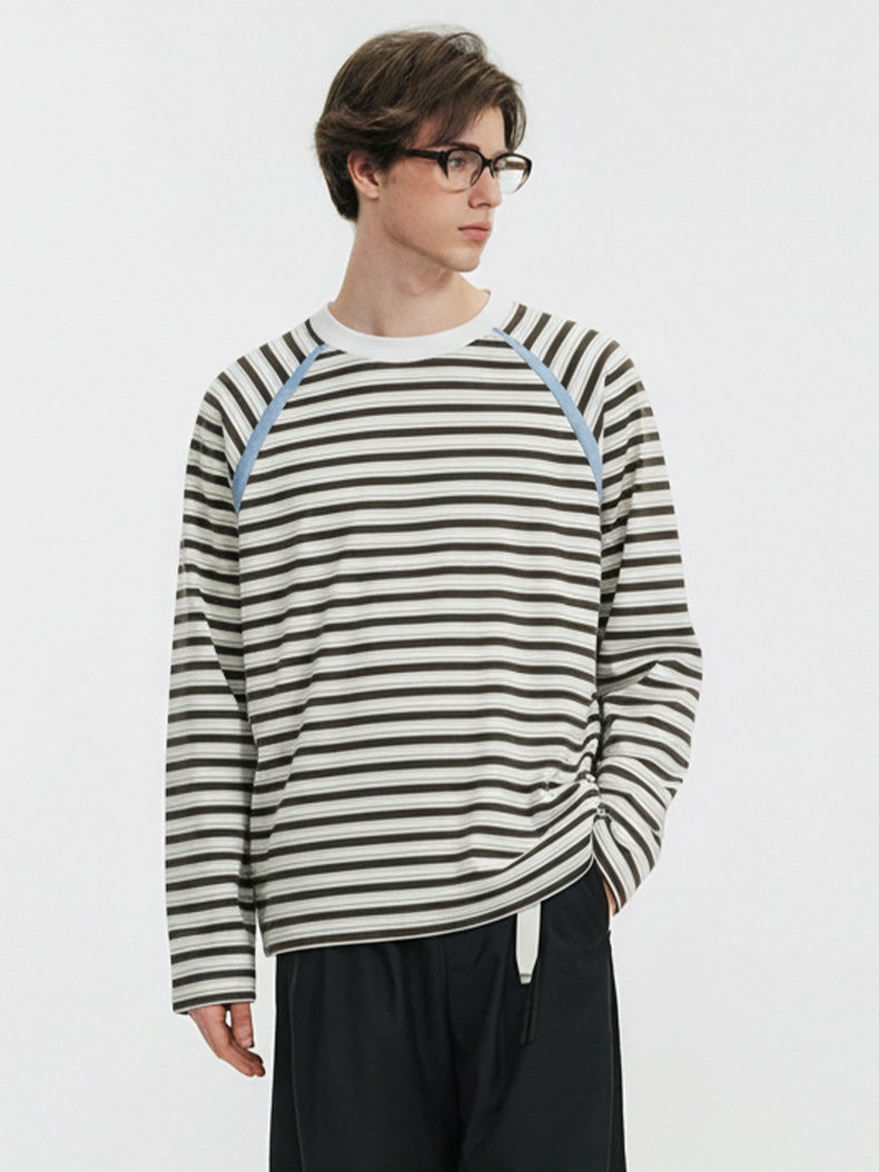 Contrasting Colors Stripes Splicing Long Sleeve Crew Neck T-shirt