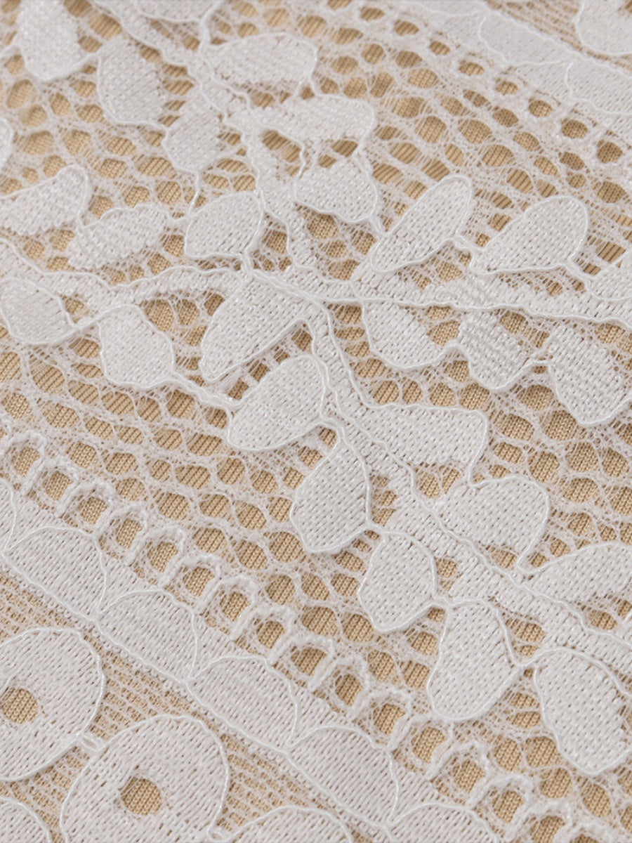 Off-shoulder Lace Crochet Plush Cuffs Everyday Party Christmas Mesh/see-through Top
