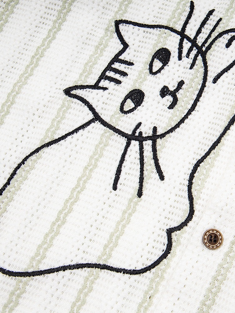 Cartoon Kitten Embroidery Vertical Stripe Loose-fit Vibe Breathable Shirts