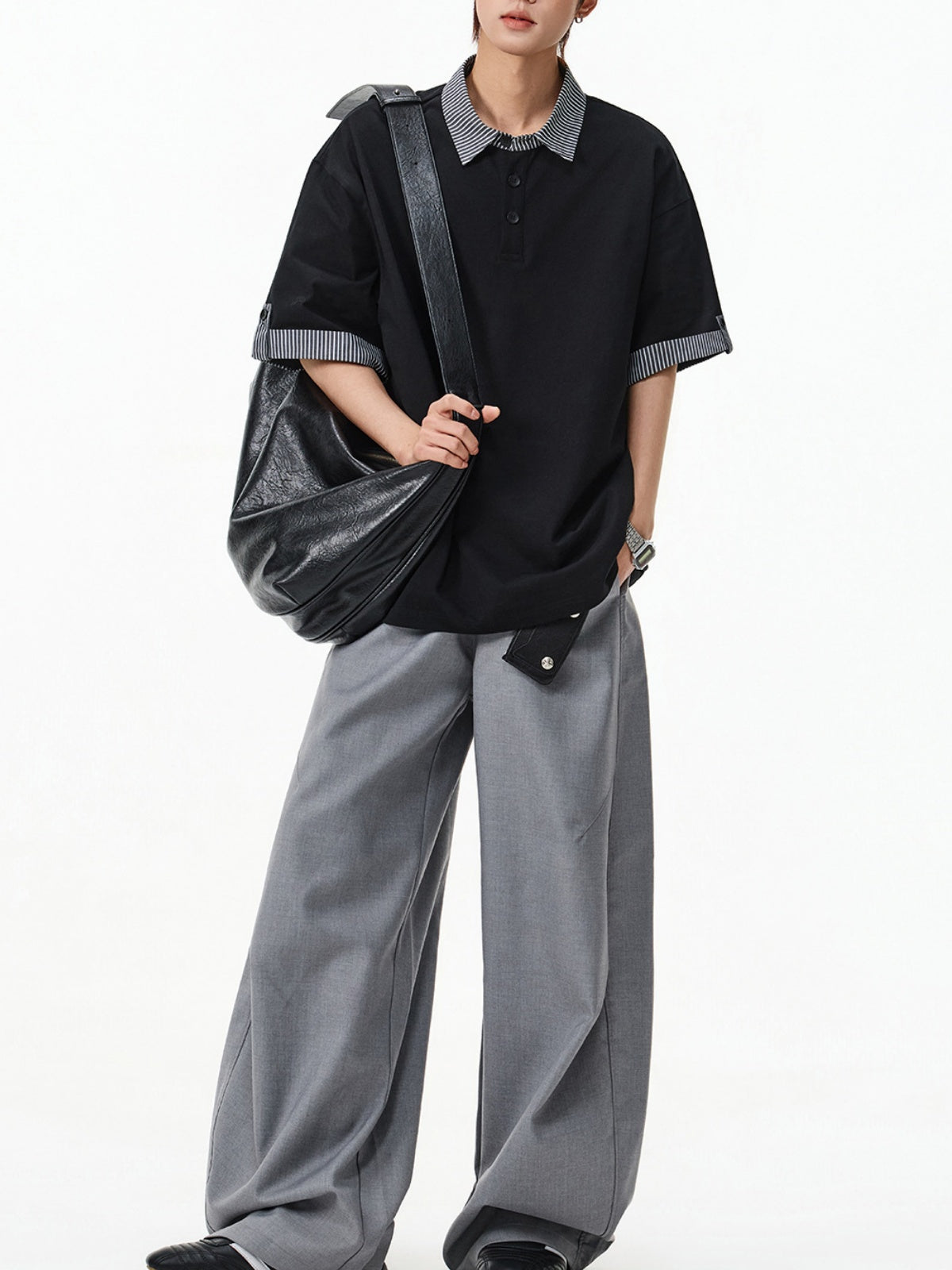 Color-blocked Layered-look Stripes Patchwork Polo Shirt