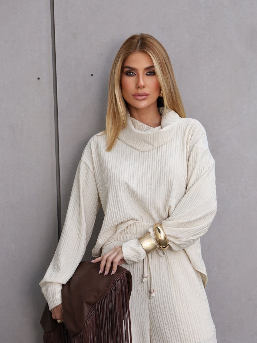 Blended Loose Jacquard Stand Collar Long Sleeves Two-piece Straight-leg Trousers