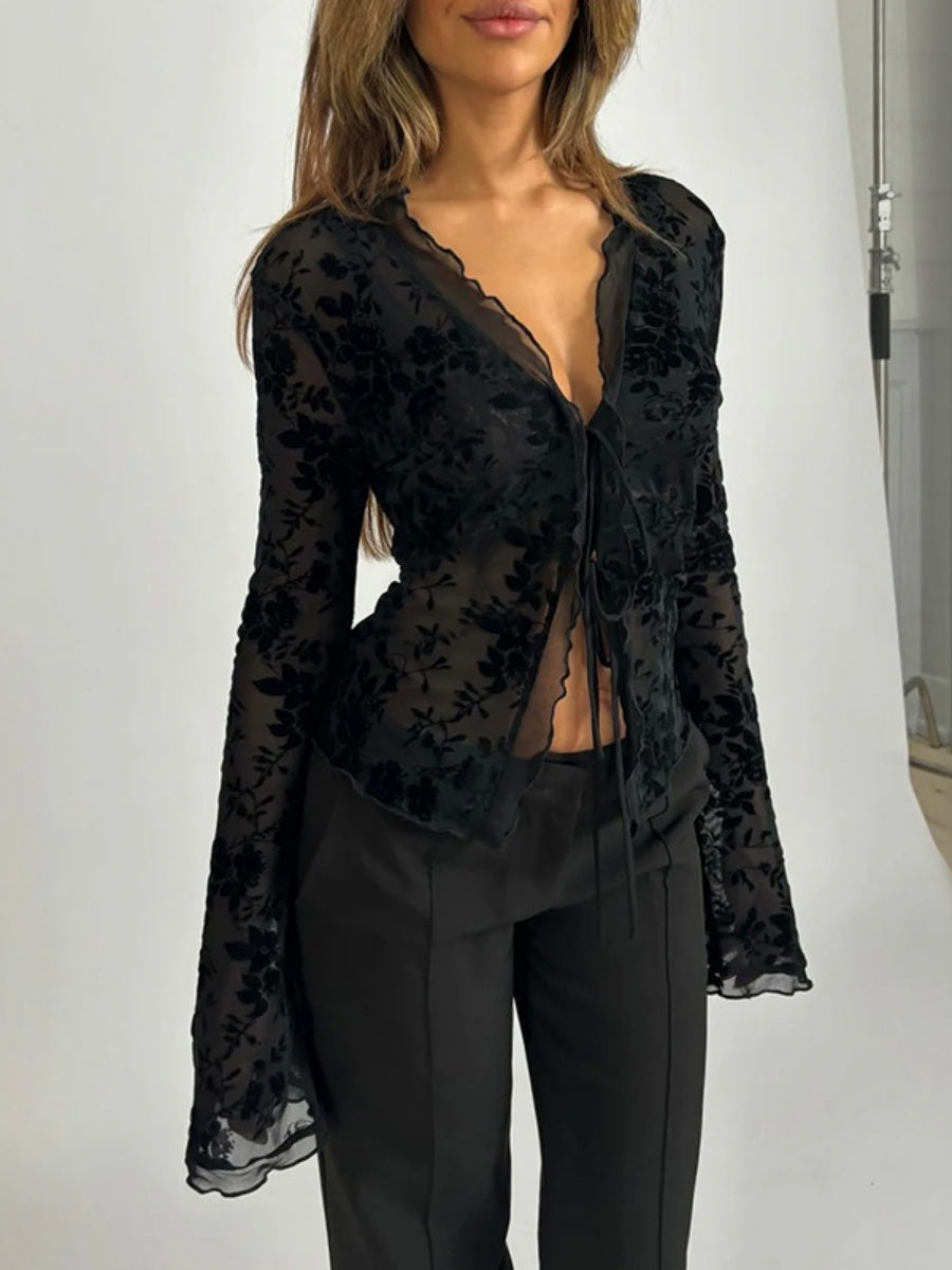 Deep V-neck Chiffon Burning Flowers Long Sleeve Designer Shirt