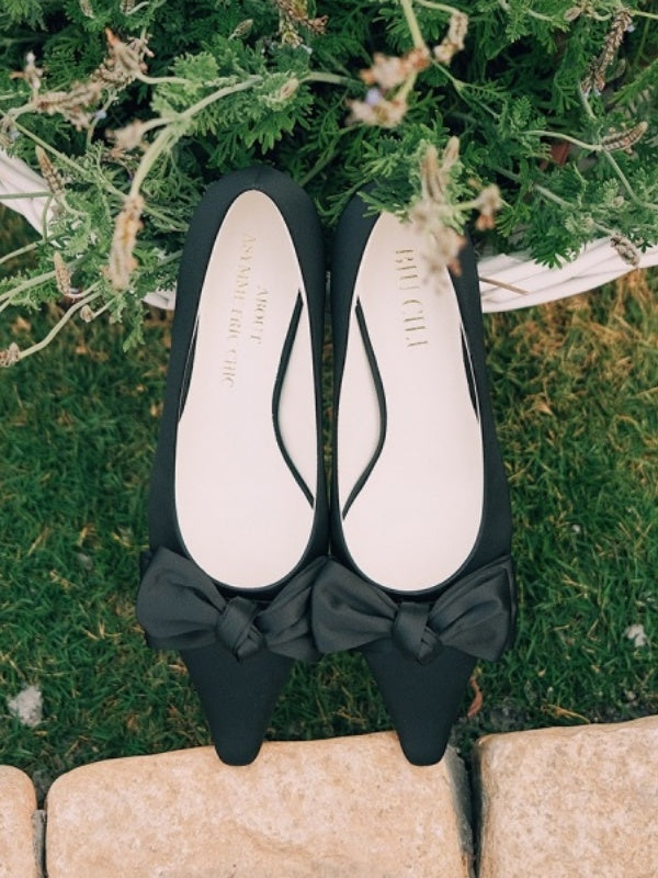 BIUCILI French-style Elegant And Romantic Pointed-toe Silk Satin Kitten Heel Flats For Early Spring.