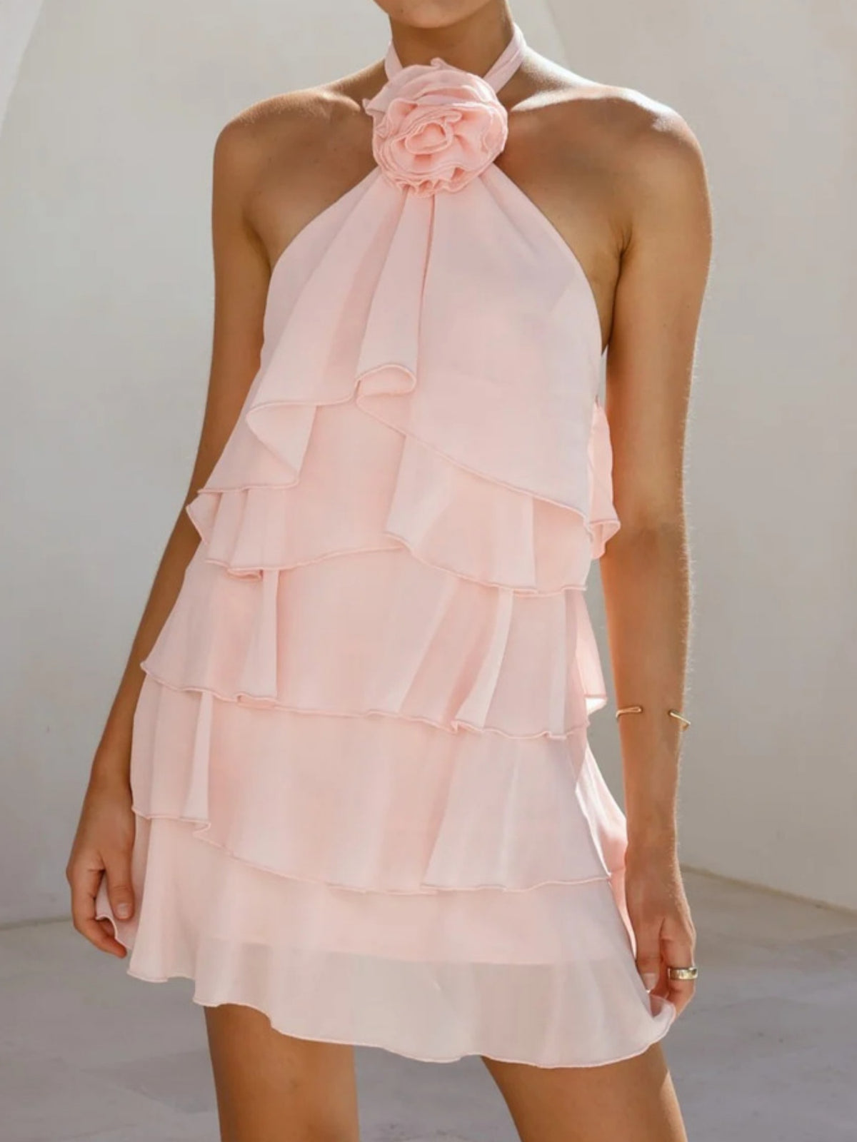 3D Flowers Halter Neck And Backless Layered Ruffles Sweet Mini&Short Dresses
