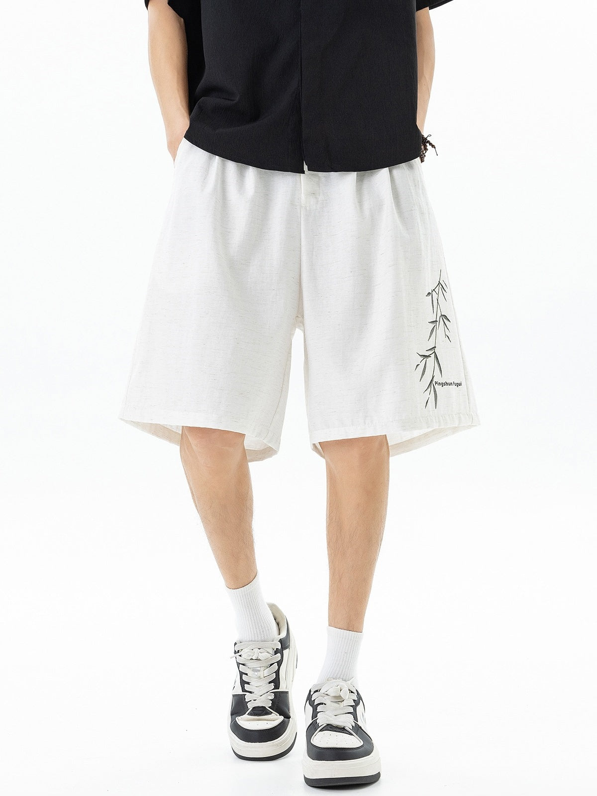 Imitation Linen Texture Printed New Chinese Style Five Points Shorts