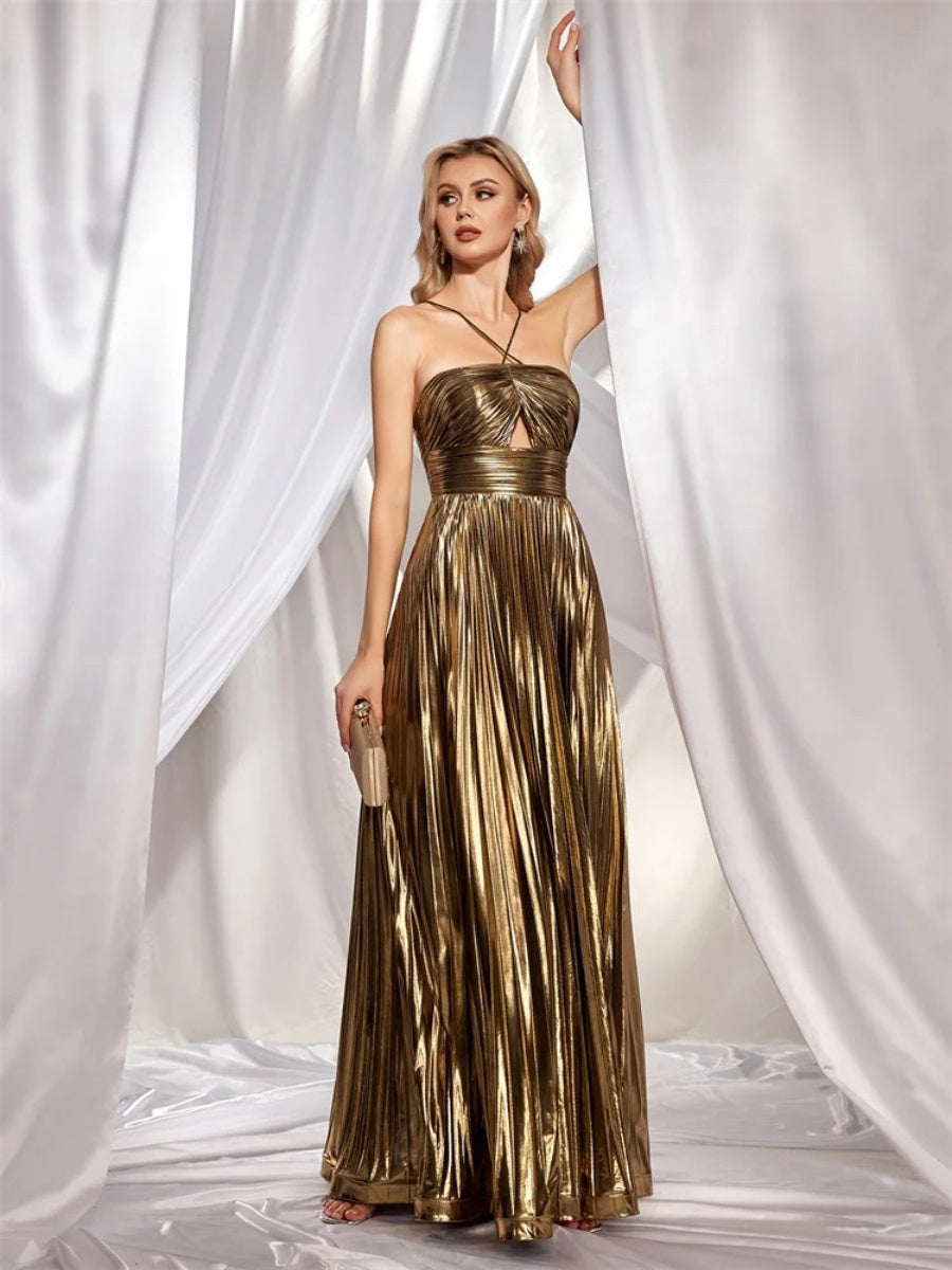 Metallic Strapless Style Crimp Slit Thin Strap Sleeveless Backless Cocktail Party Parties Formal Dress Long Dress