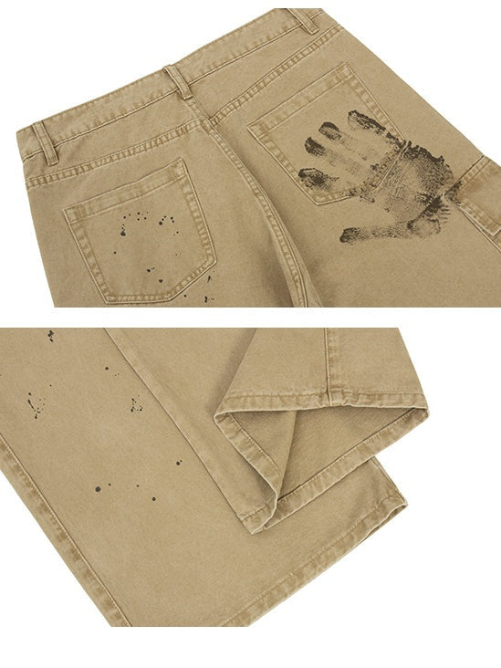 Multi-pocket Design Loose Splashing Ink Old Straight Pants