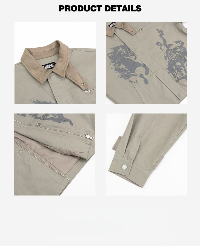 Printed Contrasting Colors Lapel Loose Work Jacket