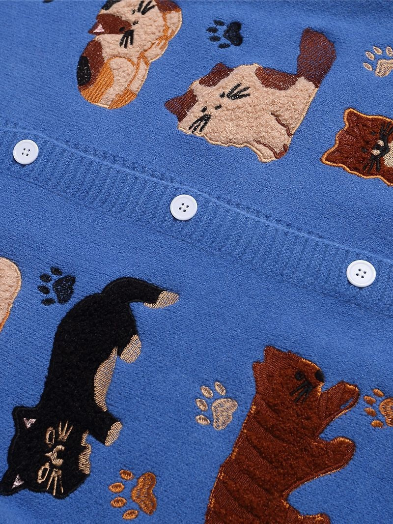 Christmas Retro Cute Cat Embroidery Lapel Sweater