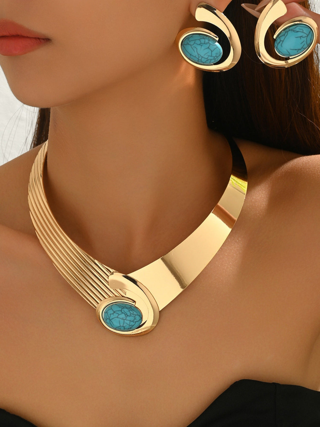 Inlaid Gemstones Necklace And Earrings Jewelry Sets
