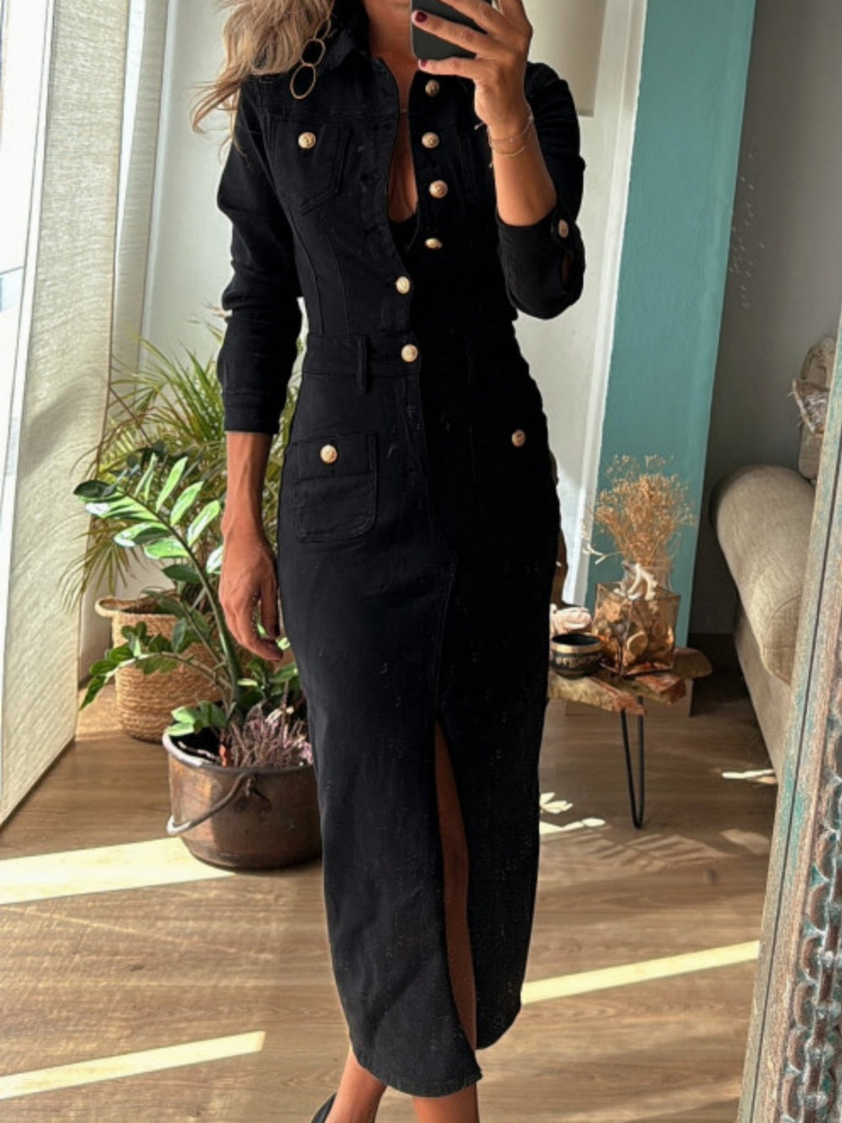 Lapel Buttons Pocket Slit Long Denim Dress