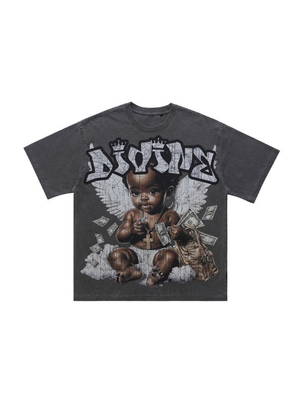 Washing Water Retro Angel Child Printed Loose-fit T-shirts