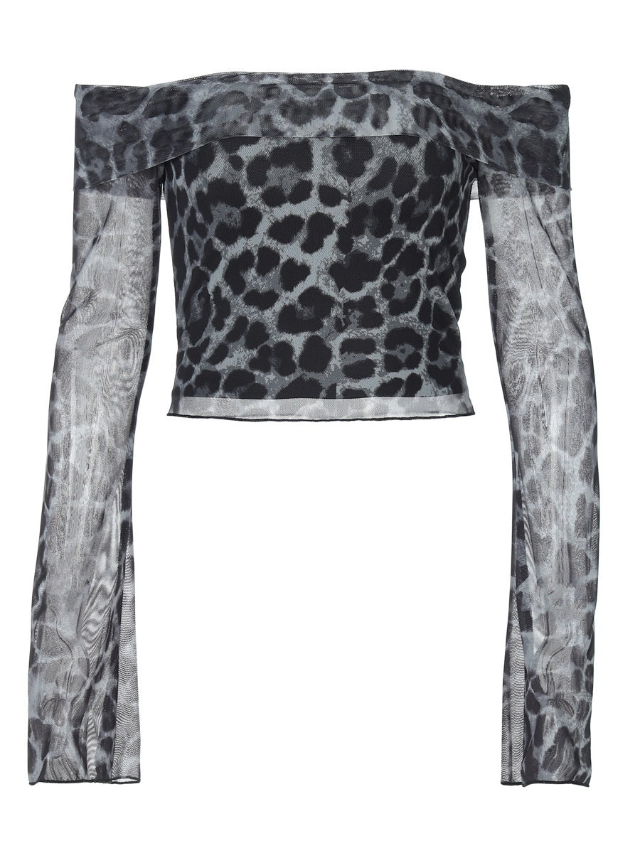 Haut sexy à épaules dénudées et manches longues, imprimé léopard, décolleté nombril.