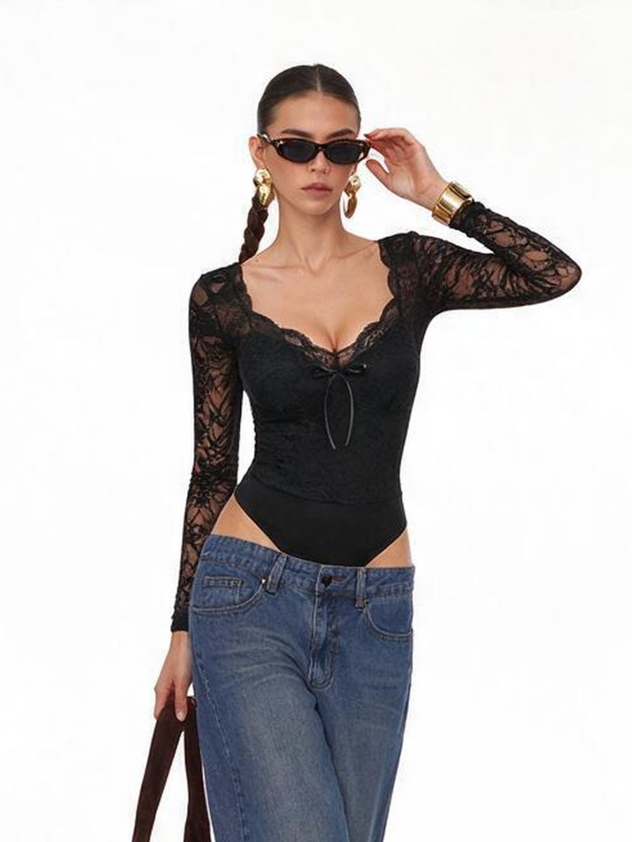 Black V-neck Long-sleeved Top With Lace Trim Jumpsuits&Bodysuits