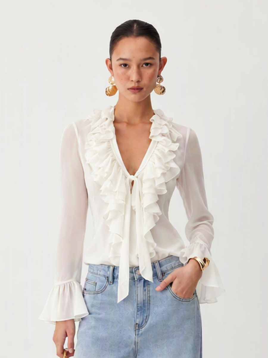 French Elegant Ruffles Solid Color Blouse&Shirts