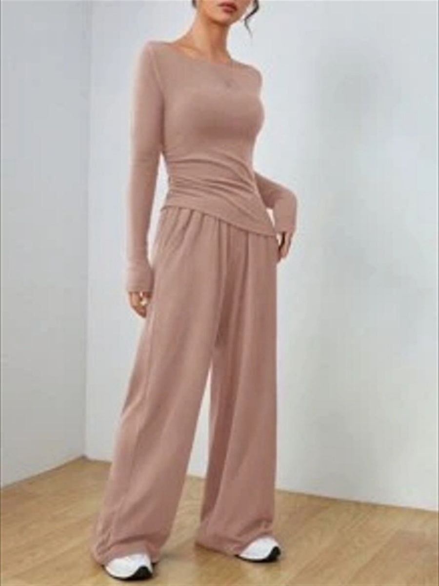 Pocket Solid Color Large Round Neck Long Sleeve Pants 2-piece Sets
