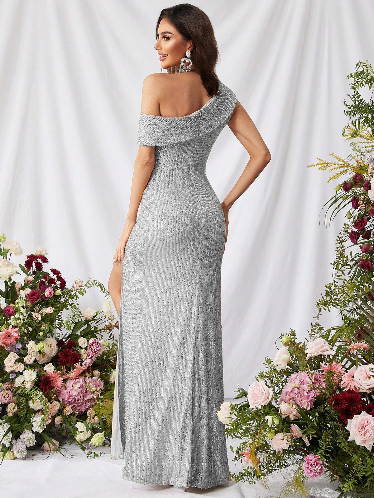 Sequined, Elegant, Asymmetrical Neckline, High Slit Long Dress