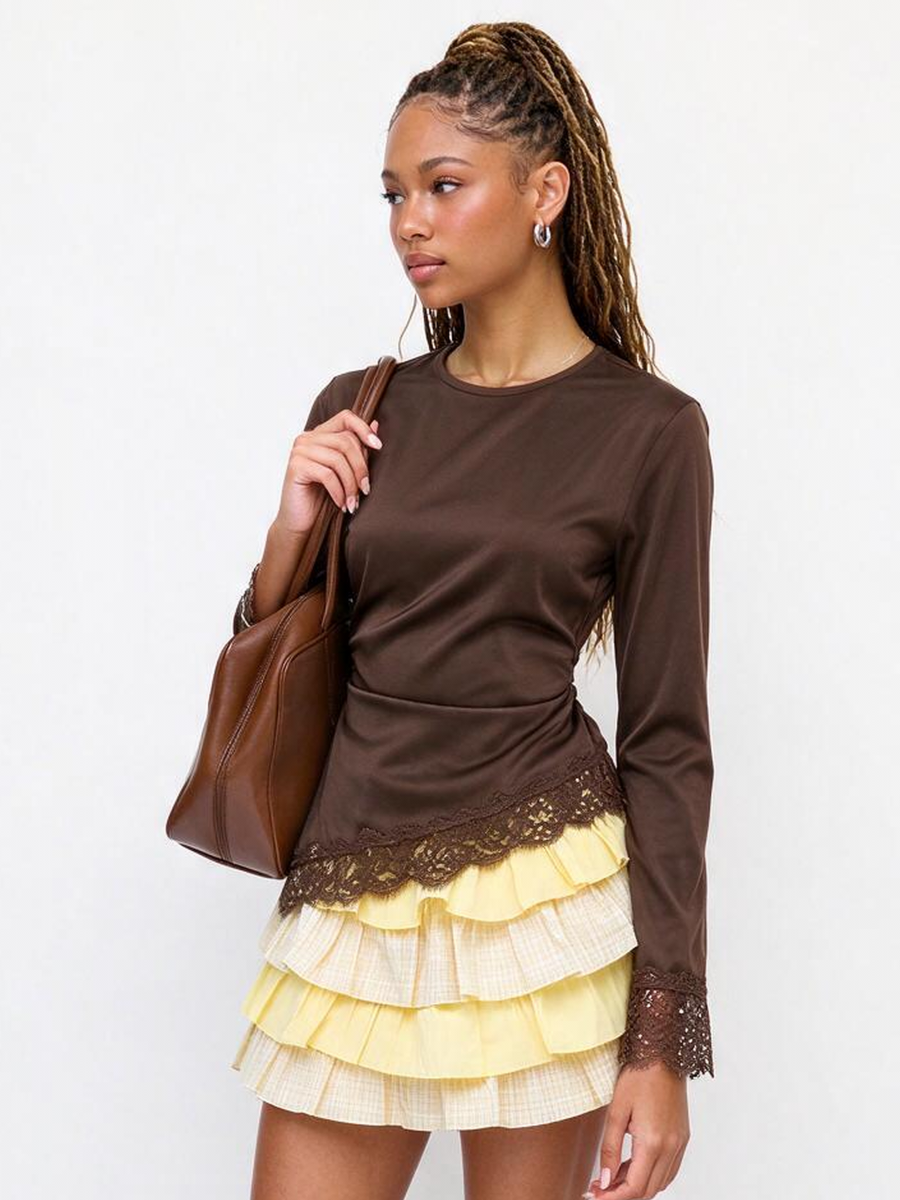 Irregularly Spliced Lace Trim Base Layer Flared Long Sleeve Tie Waist Hollowed-out Shirt T-shirt
