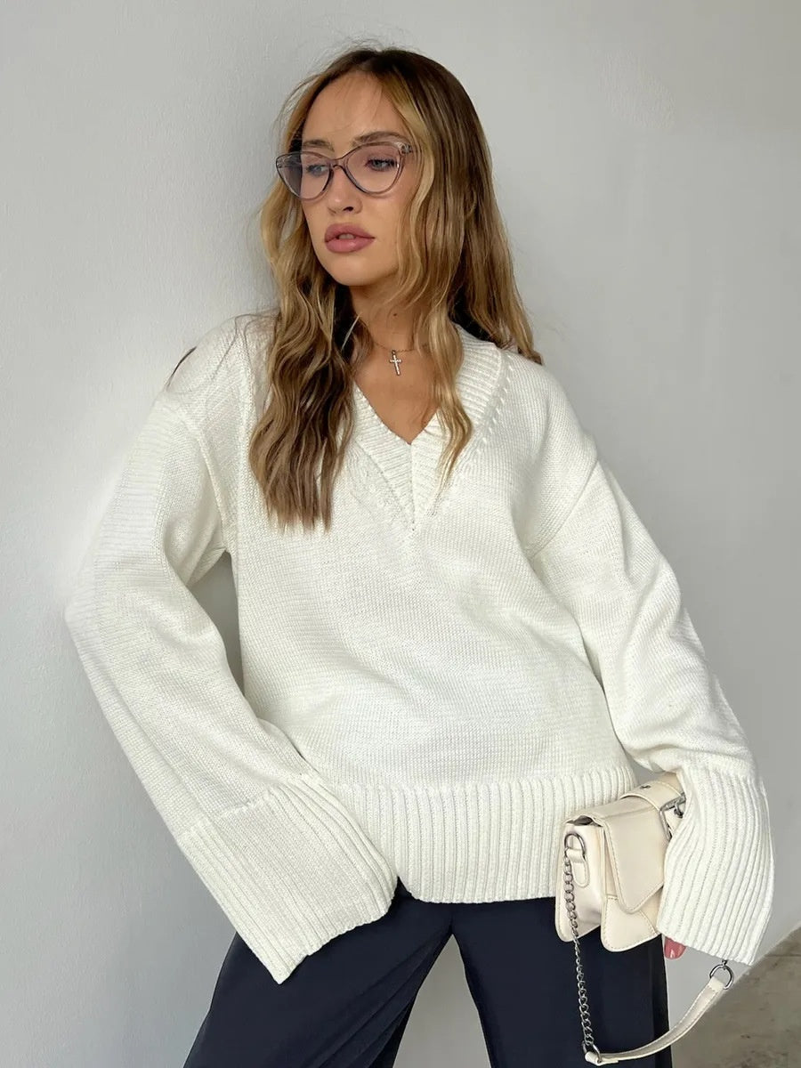 Solid Color Hood Knitting V-neck Flared Sleeves Sweaters