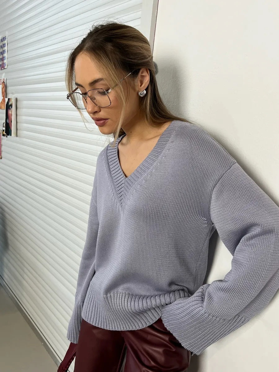 Solid Color Hood Knitting V-neck Flared Sleeves Sweaters