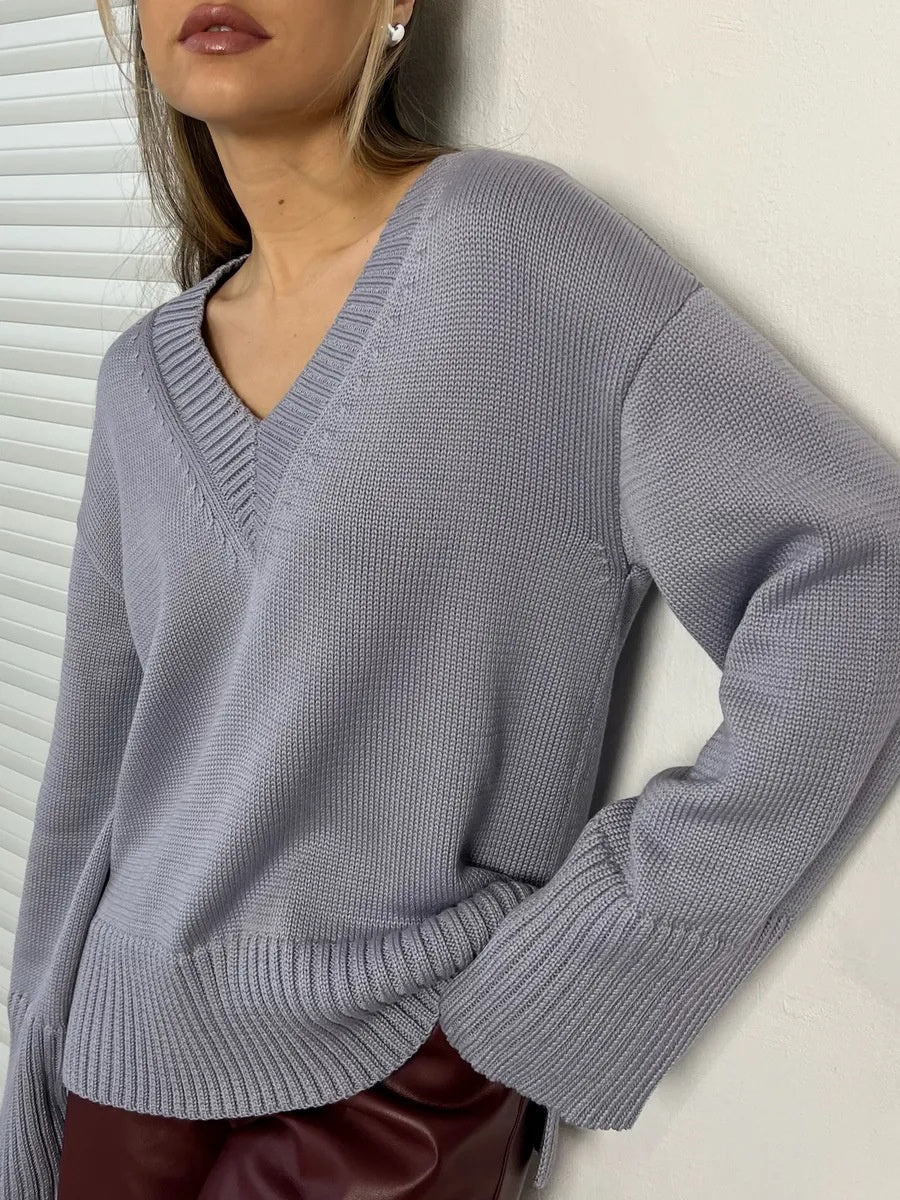 Solid Color Hood Knitting V-neck Flared Sleeves Sweaters