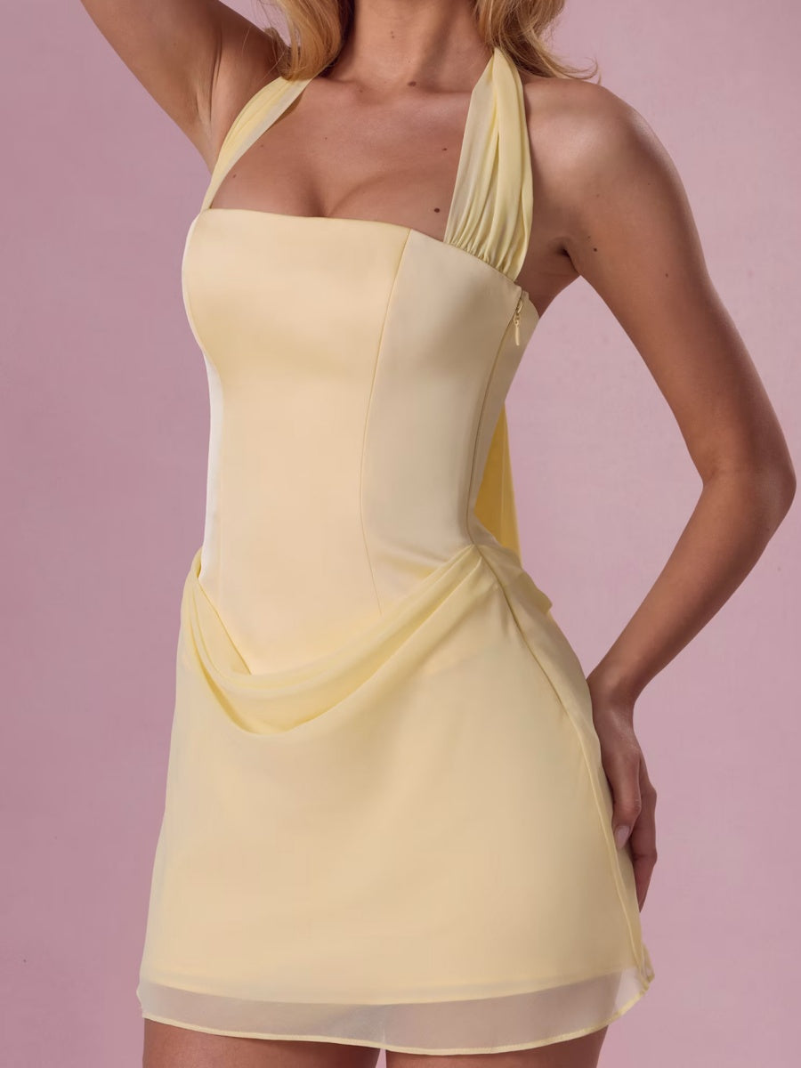 Halter Neck, Square Neck, Fitted Waist, Pleated Bodycon Chiffon Patchwork Mini&Short Dresses