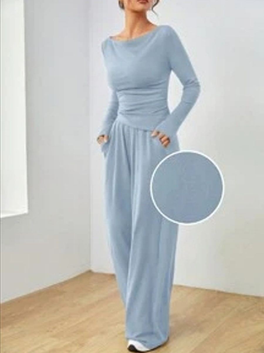 Pocket Solid Color Large Round Neck Long Sleeve Pants 2-piece Sets