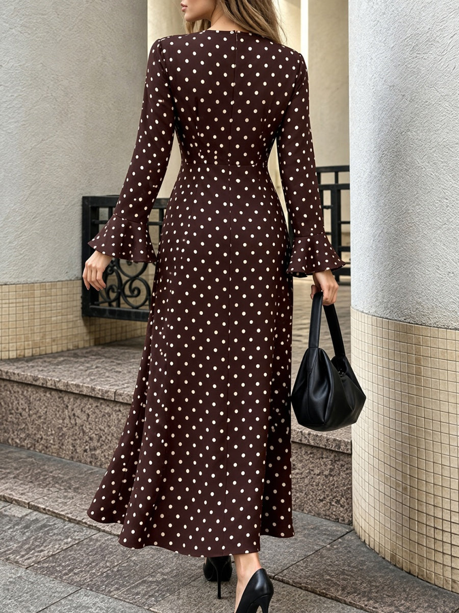 Mermaid Maxi Dress, New Autumn Style, Elegant And Suitable For Commuting, Fitted Waist, Flared Sleeves, Polka Dot. Maxi Dresses