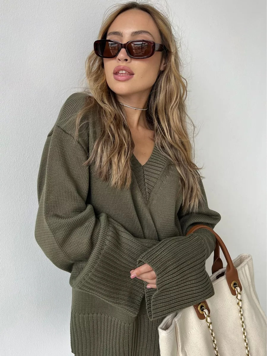 Solid Color Hood Knitting V-neck Flared Sleeves Sweaters