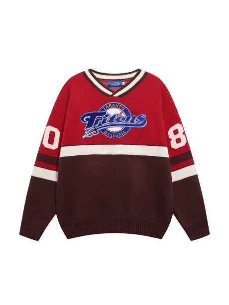Christmas Retro Color Matching Letter Embroidery V-neck Sweater