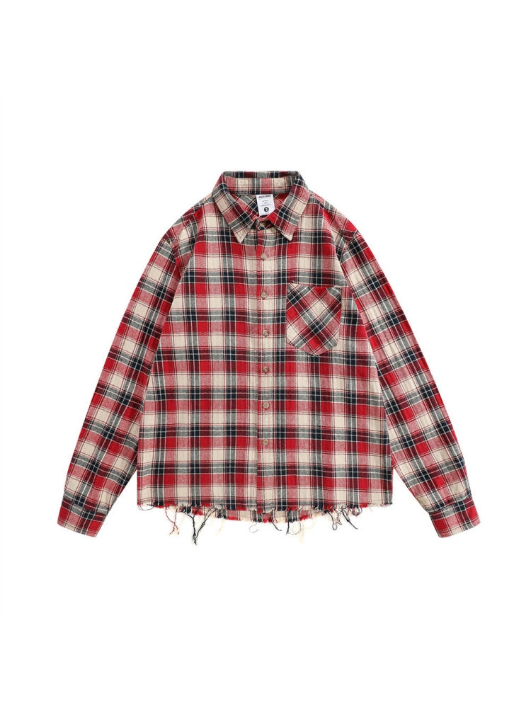 Contrasting Colors Plaid Loose Lapel Raw Edge Buttons Long-sleeved Shirt