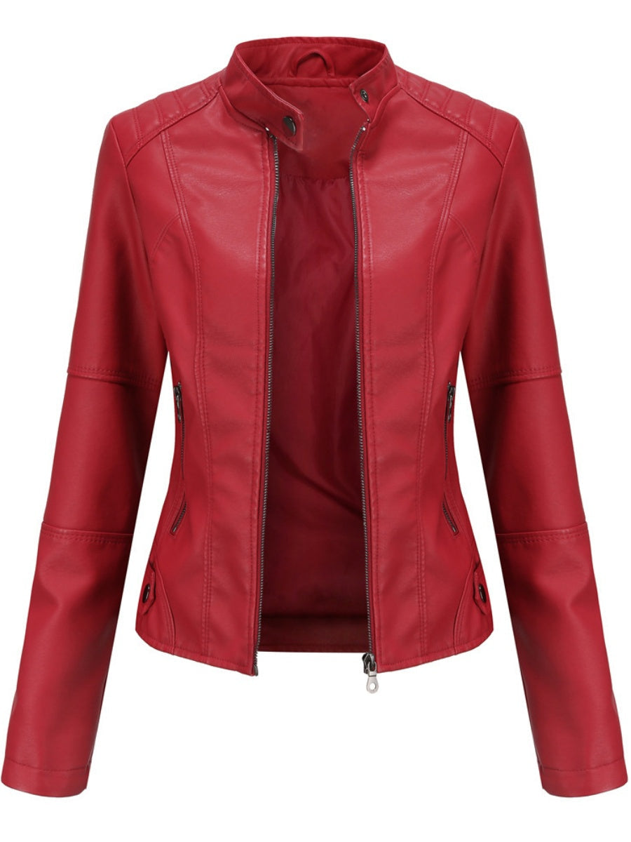 Veste en cuir à col montant et fermeture éclair, style urbain décontracté