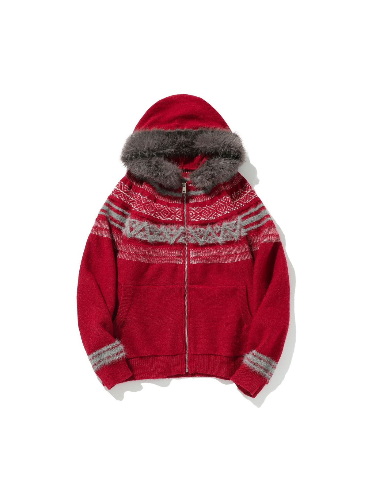 Fair Isle Pattern Fur Collar Hooded Splicing Cardigans