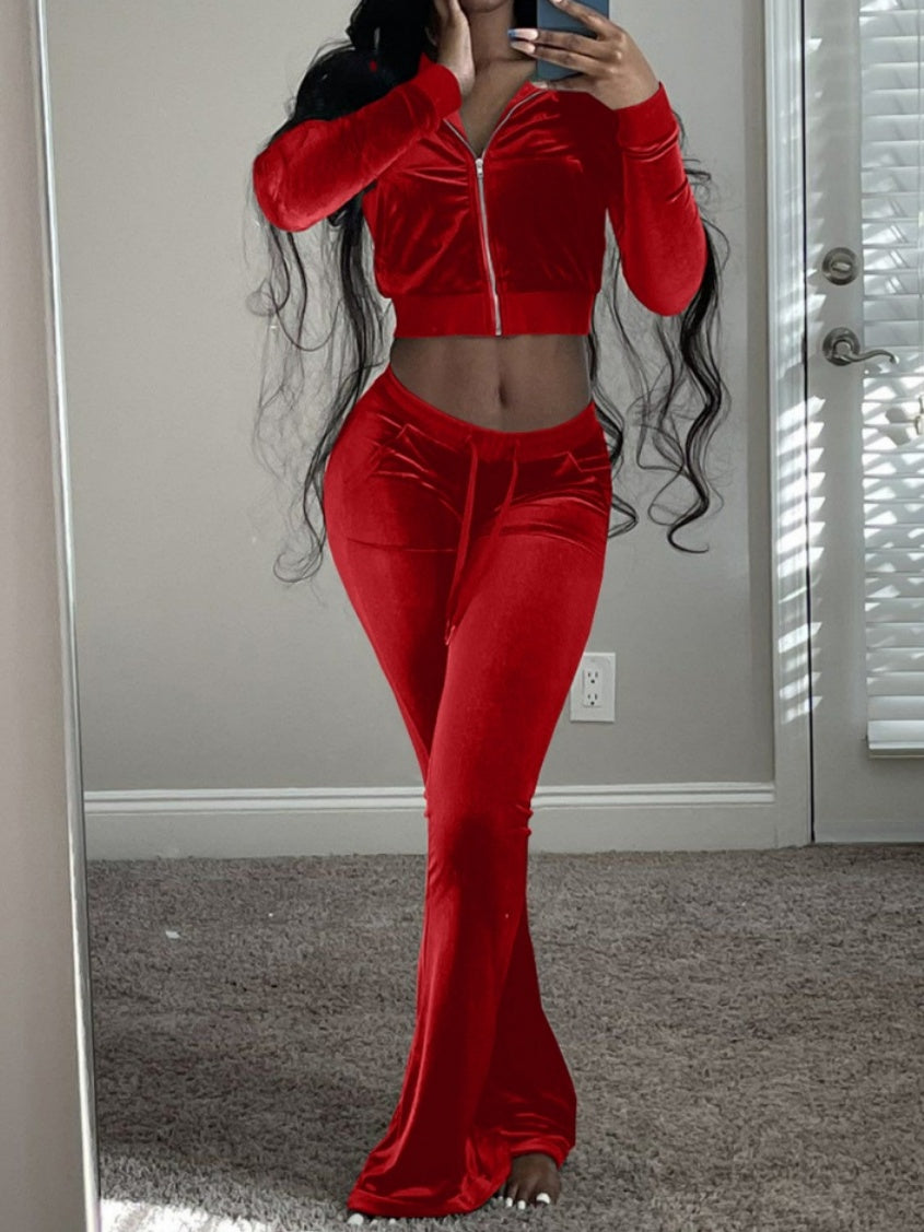 Velvet Splicing Sexy Long-sleeved Casual Navel-baring Top 2-piece Sets