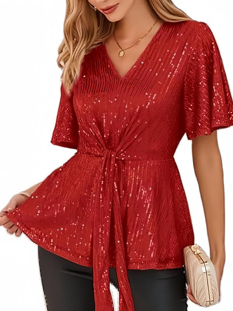 V-neck Pullover Sequins Tie-strap Mesh/see-through Top