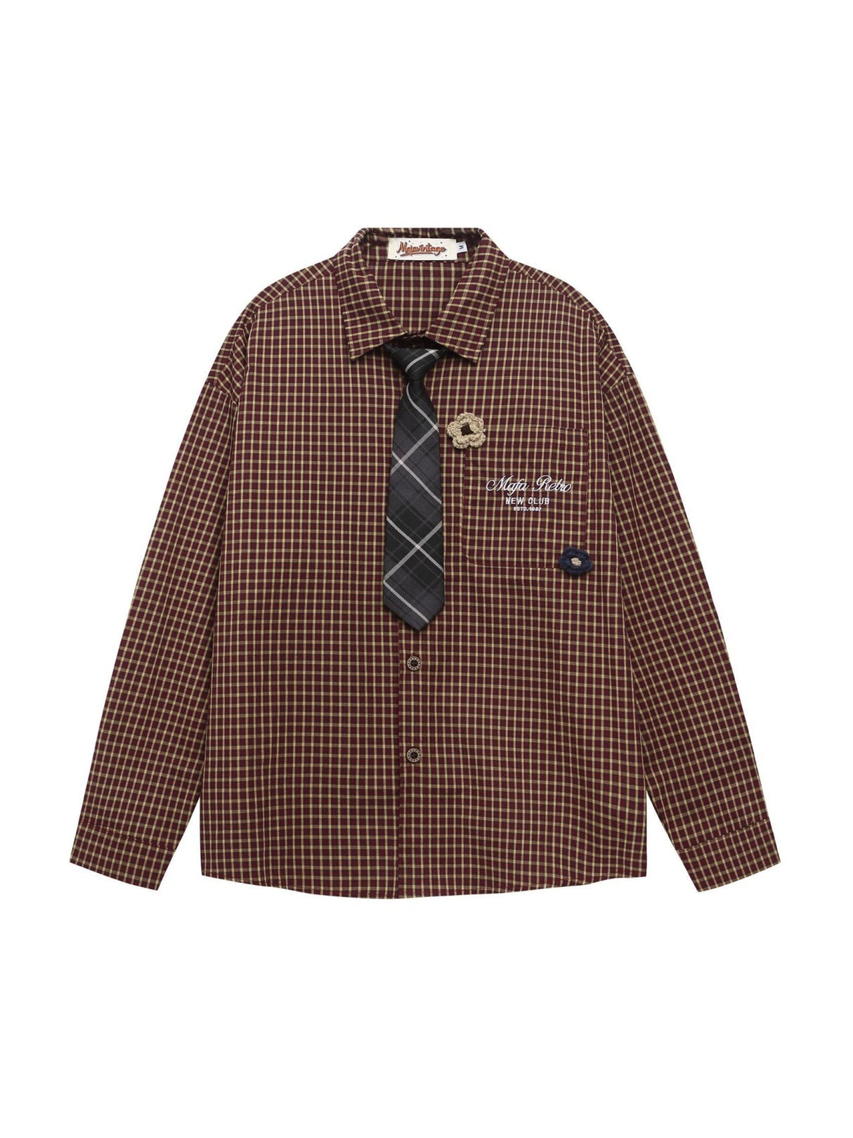 Crochet Letter Embroidery Plaid Loose Leisure Tie Shirt