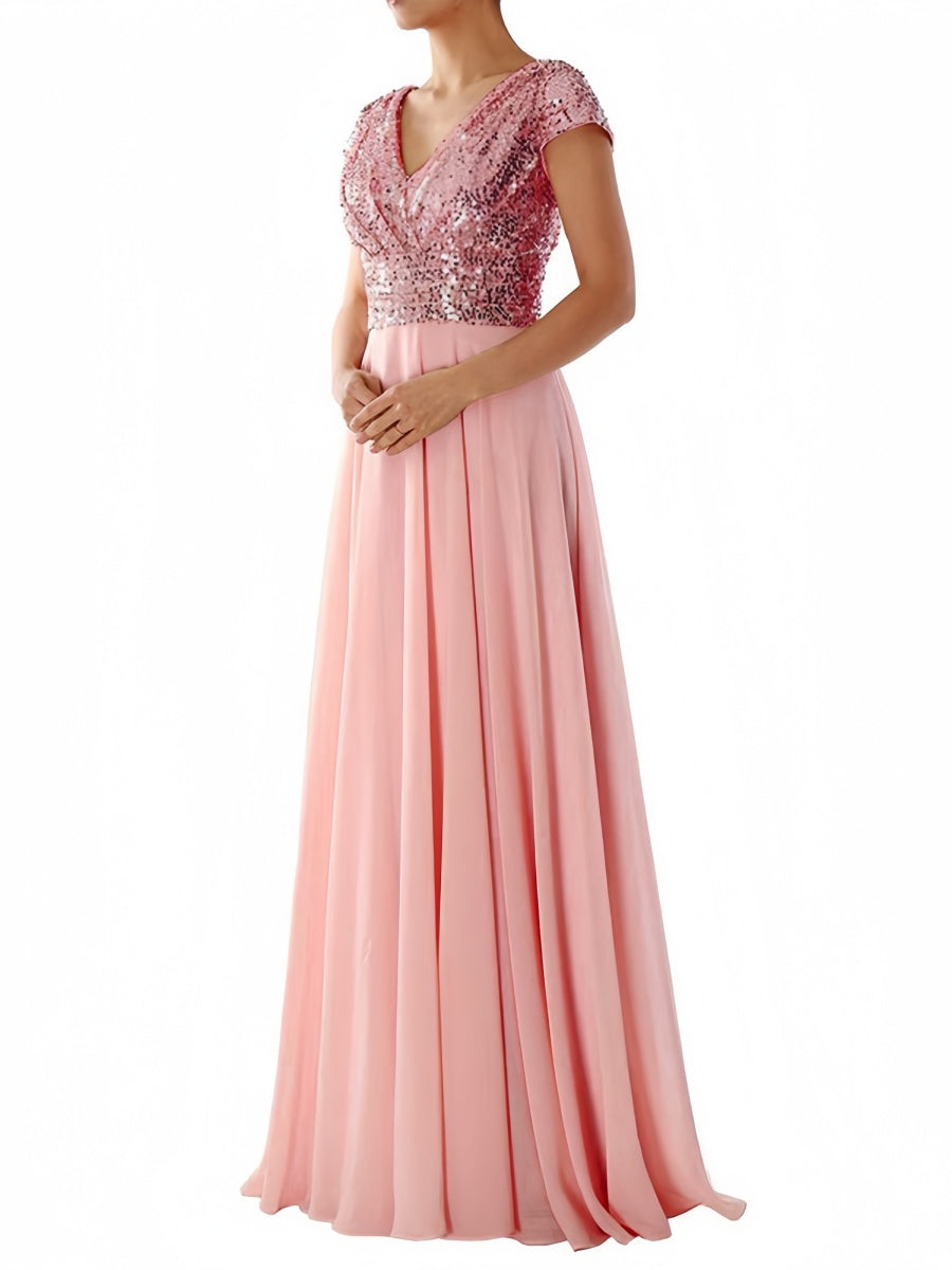 V-neck Sequins Spliced Long Dress