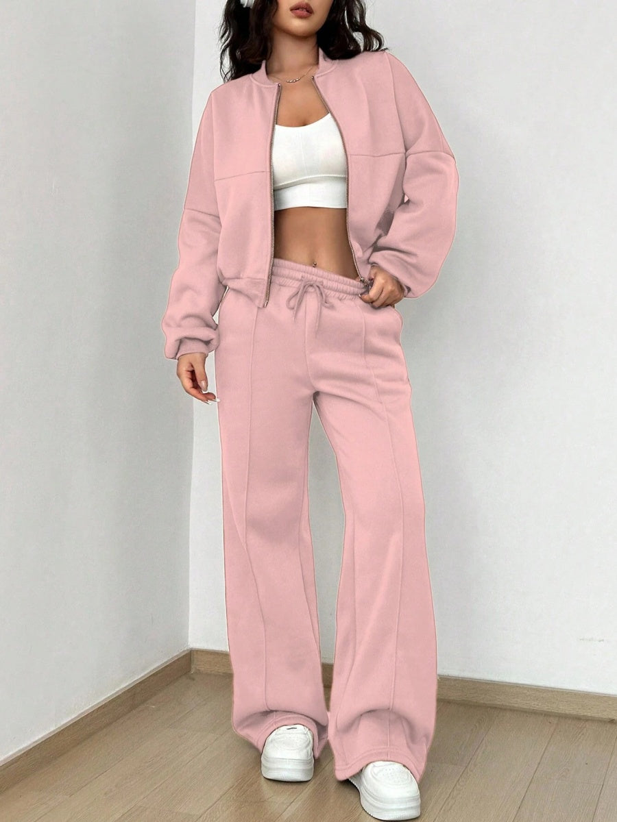 Sports And Leisure Solid Color Crew Neck Zipper 2-piece Sets