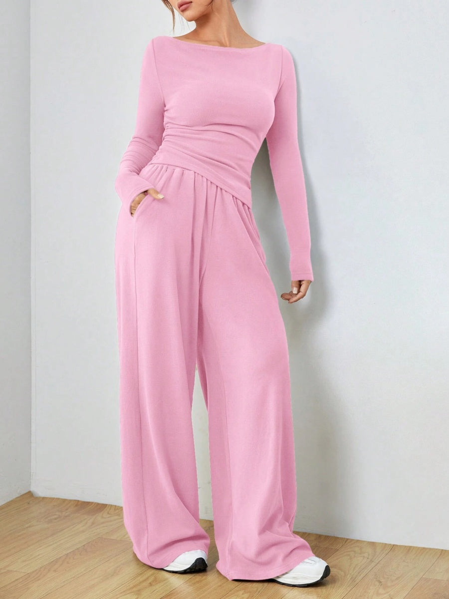 Pocket Solid Color Large Round Neck Long Sleeve Pants 2-piece Sets